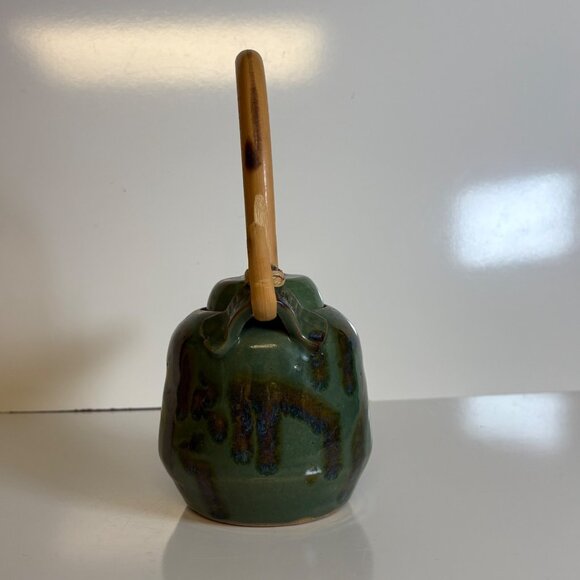 Handcrafted Green Pottery Teapot Rattan Handle Artisan-Made Signed - Picture 6 of 9